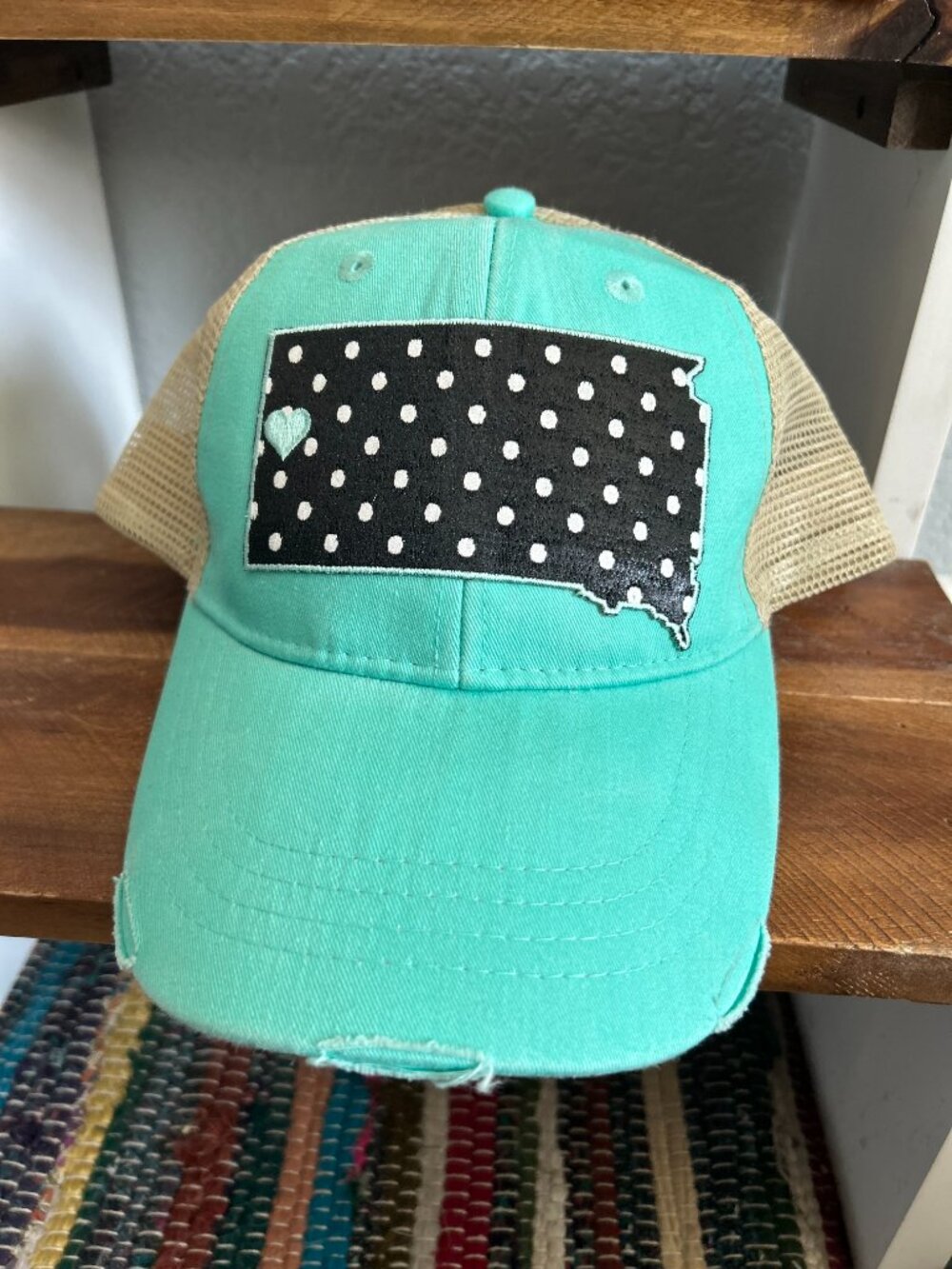 Hooey Rapid City South Dakota Trucker Hat Turquoise Tan Distressed Snapback Cap